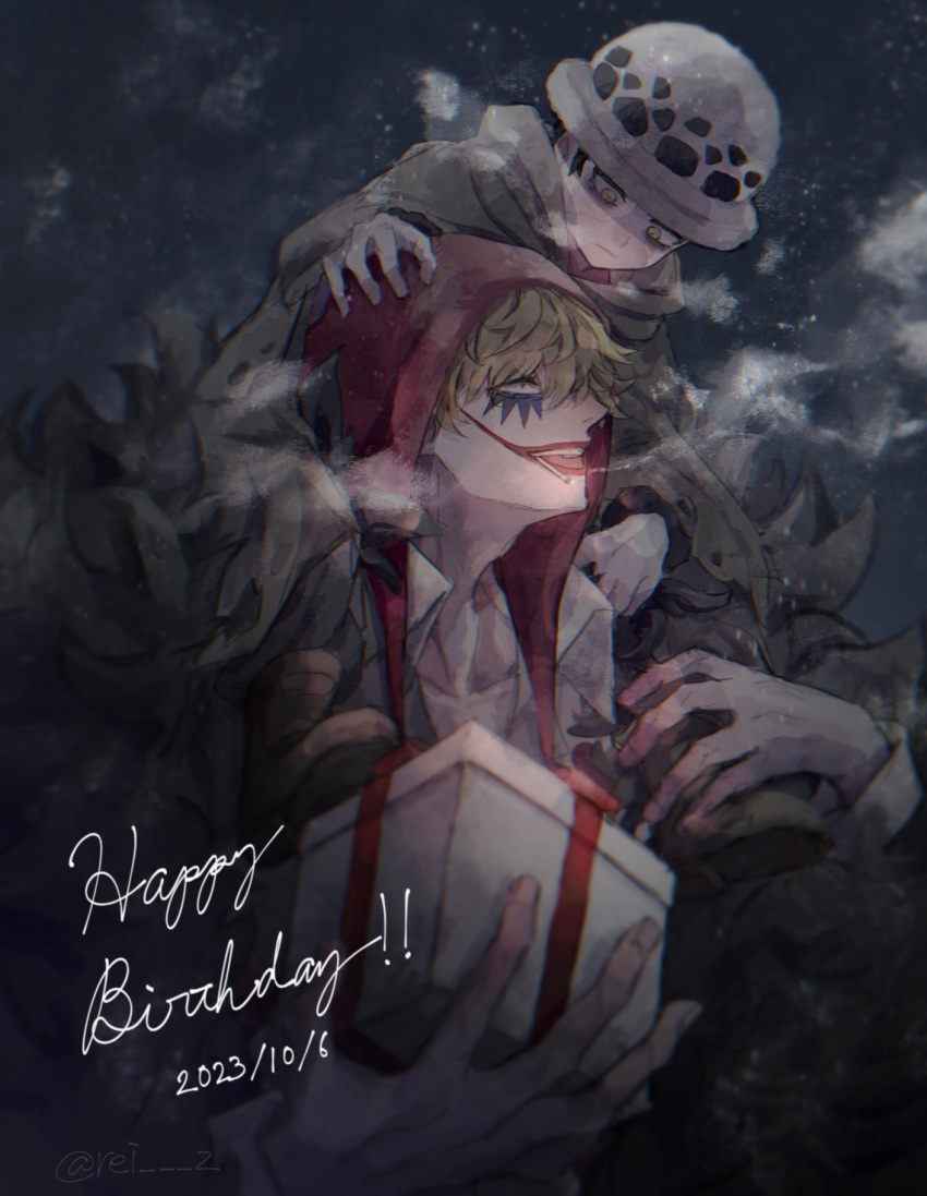 2boys blonde_hair boots cape carrying child donquixote_rocinante fur_coat gift happy_birthday hat highres holding holding_gift hood hood_down looking_at_another makeup male_focus multiple_boys one_piece outdoors red_hood rei_su shoulder_carry smile smoke smoking trafalgar_law visible_air yellow_eyes