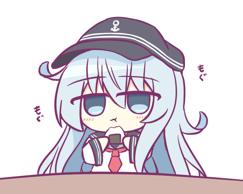 1girl anchor_symbol blue_eyes blush chewing chibi closed_mouth eating flat_cap food grey_hair hat hibiki_(kancolle) holding holding_food kantai_collection kashimu long_hair long_sleeves looking_at_viewer neckerchief onigiri red_neckerchief sailor_collar school_uniform serafuku simple_background solo table upper_body white_background