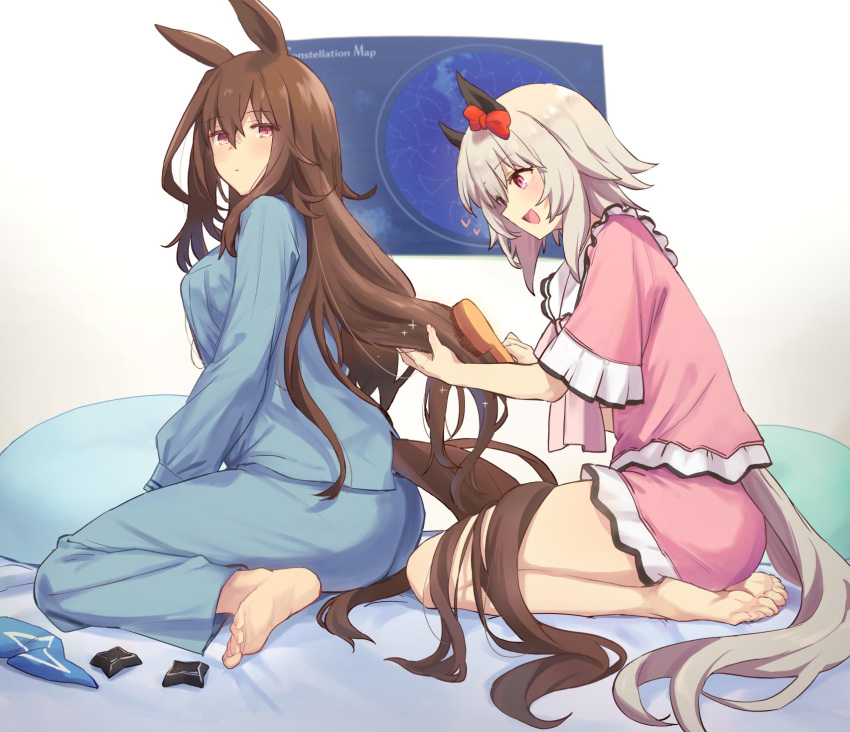 2girls ass barefoot blue_jacket blue_pants breasts brown_hair brushing_another's_hair brushing_hair character_request feet hair_brush highres jacket long_hair multiple_girls pants pink_jacket pink_shorts red_eyes shorts smile sparkle starheart umamusume very_long_hair white_hair