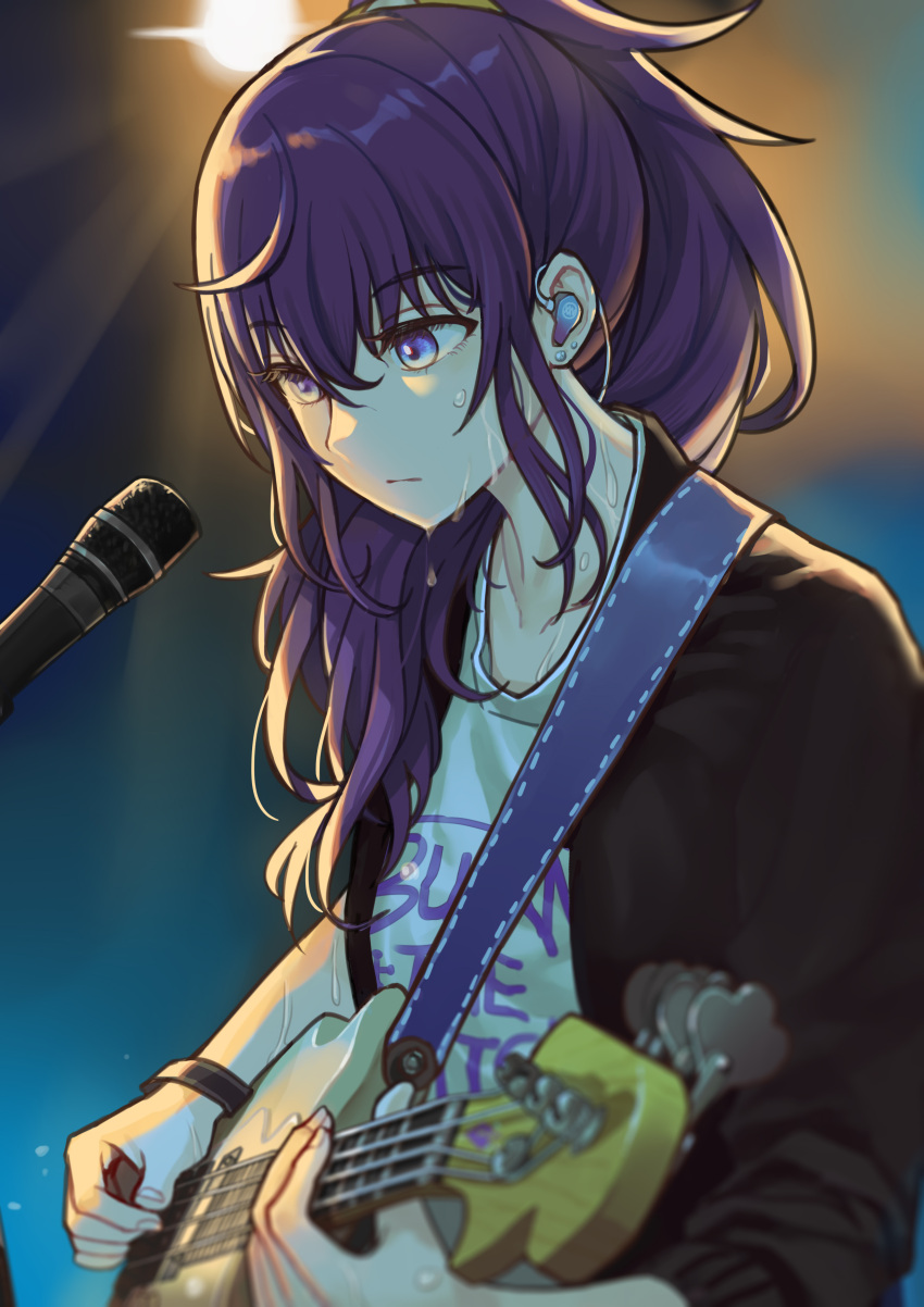 1girl absurdres asahina_mafuyu bass_guitar black_bracelet black_jacket blue_background blurry blurry_foreground bracelet chaos1402 closed_mouth clothes_writing commentary_request concentrating earpiece earrings gradient_background highres holding holding_guitar holding_plectrum instrument jacket jewelry light_rays looking_at_object microphone multicolored_background music open_clothes open_jacket orange_background playing_instrument plectrum project_sekai purple_hair shirt sleeves_past_elbows sleeves_pushed_up solo spotlight strap stud_earrings sweat upper_body very_sweaty violet_eyes white_shirt