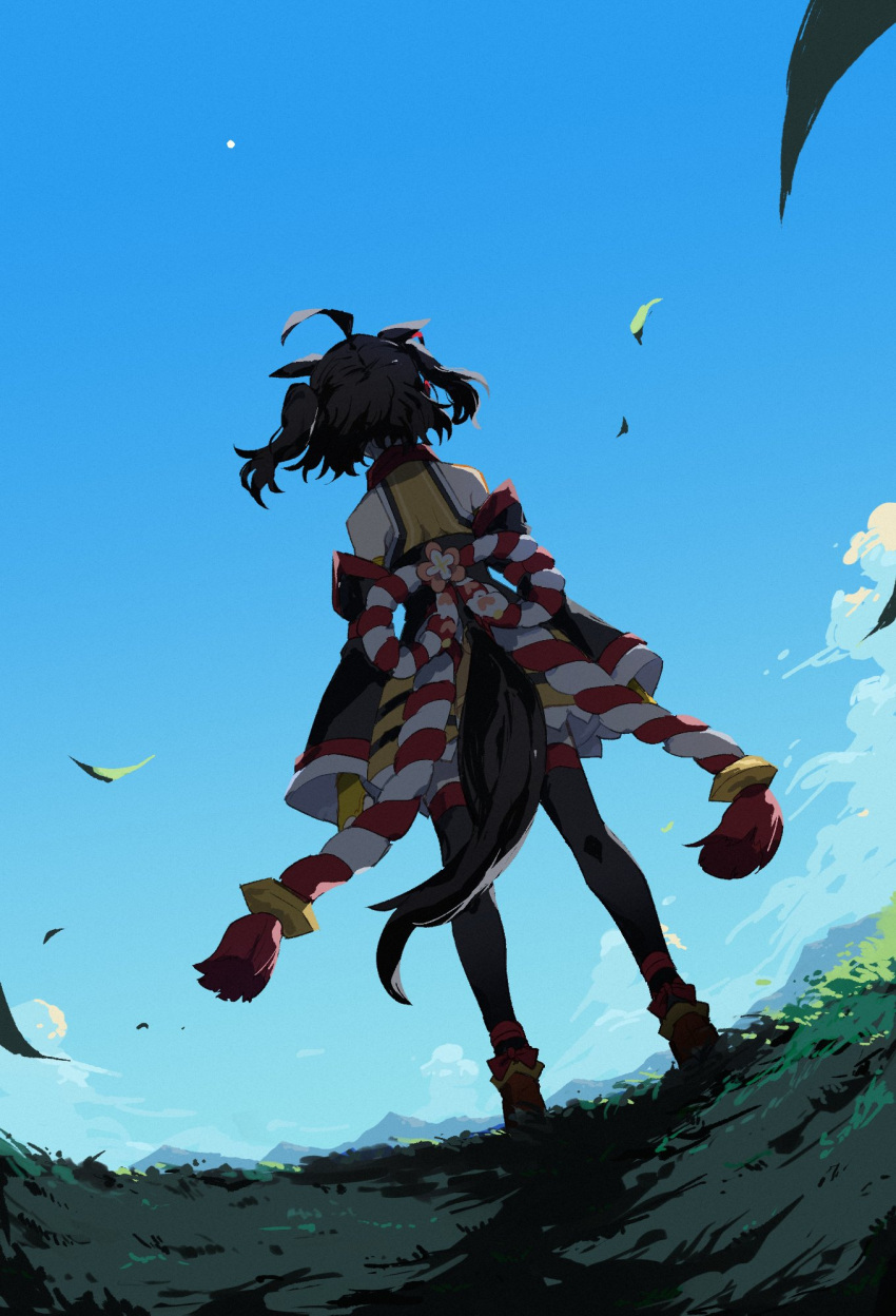 1girl ahoge animal_ears arm_at_side bare_shoulders black_hair black_thighhighs day detached_sleeves from_behind grass highres horse_ears horse_girl horse_tail kitasan_black_(umamusume) leaf mountainous_horizon outdoors red_footwear revi_616 sash shirt shoes short_hair skirt sleeveless sleeveless_shirt solo standing tail thigh-highs two_side_up umamusume yellow_shirt yellow_skirt