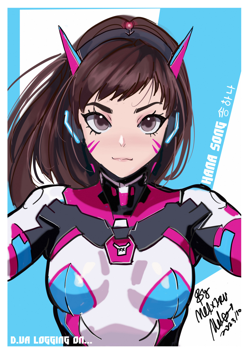 1girl absurdres artist_name blue_bodysuit bodysuit breasts brown_eyes brown_hair character_name closed_mouth commentary d.va_(overwatch) dated english_commentary english_text eyelashes facepaint facial_mark floating_hair highres interface_headset korean_text light_smile lips long_hair loose_hair_strand melissa_2.0 mixed-language_commentary mixed-language_text multicolored_bodysuit multicolored_clothes overwatch pilot_suit pink_bodysuit reaching reaching_towards_viewer selfie serious signature skin_tight small_breasts solo swept_bangs translated upper_body upturned_eyes whisker_markings white_bodysuit wind