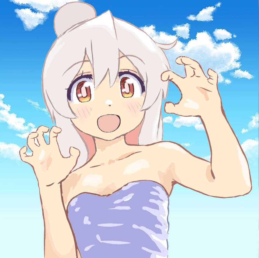 1girl :d ahoge bare_arms bare_shoulders blue_sky bright_pupils clouds colored_inner_hair day grey_hair hair_between_eyes hands_up highres long_hair looking_at_viewer mizumori_keiichi multicolored_eyes multicolored_hair onii-chan_wa_oshimai! open_mouth orange_eyes outdoors oyama_mahiro pink_hair pink_pupils red_eyes sky smile solo strapless two-tone_hair upper_body yellow_eyes