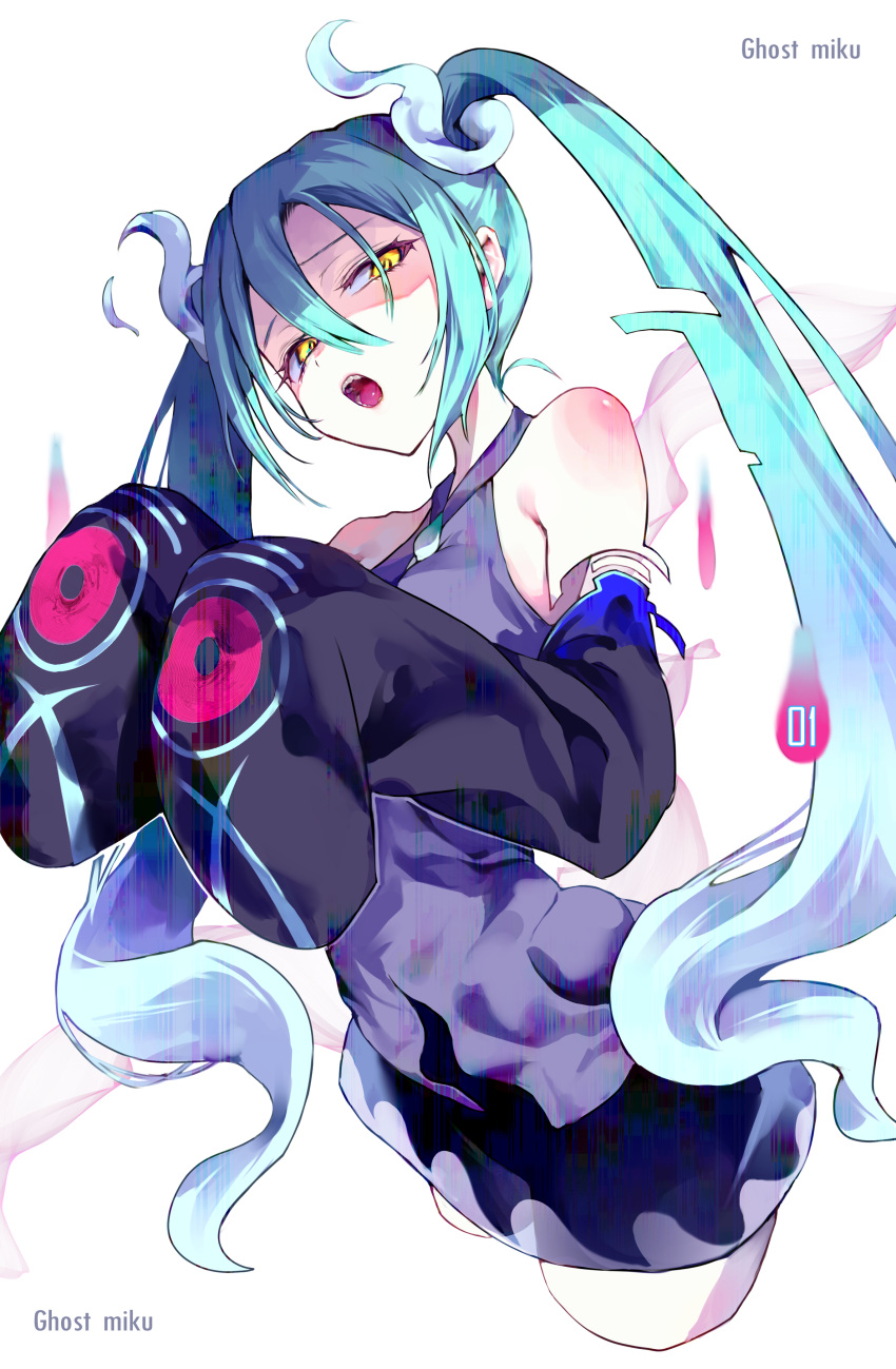 1girl absurdres aqua_hair bare_shoulders detached_sleeves ghost ghost_miku_(project_voltage) glitch gradient_hair grey_shirt hair_between_eyes hatsune_miku highres long_hair looking_at_viewer multicolored_hair open_mouth pokemon project_voltage see-through see-through_skirt shikuwata shirt skirt sleeves_past_fingers sleeves_past_wrists twintails very_long_hair vocaloid will-o'-the-wisp_(mythology) yellow_eyes