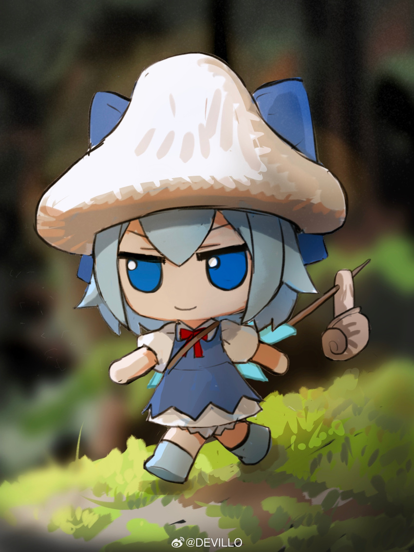 1girl absurdres blue_dress blue_eyes blue_hair blurry blurry_background bright_pupils chinese_commentary cirno closed_mouth comedy day devil_lo dress full_body fumo_(doll) grass highres ice ice_wings meme mushroom_hat neck_ribbon outdoors pinafore_dress puffy_short_sleeves puffy_sleeves red_ribbon ribbon short_hair short_sleeves sleeveless sleeveless_dress smile snail solo touhou v-shaped_eyebrows walking watermark weibo_logo weibo_username white_pupils wings