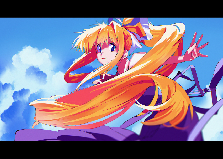 1girl absurdres air_(visual_novel) ascot blonde_hair blue_eyes blue_sky bow clouds day floating_hair hair_bow highres kamio_misuzu kitou_sakeru letterboxed long_hair long_sleeves looking_at_viewer outstretched_arm ponytail puffy_sleeves red_ascot school_uniform shirt short_sleeves sidelocks single_hair_intake skirt sky solo suspender_skirt suspenders very_long_hair white_bow