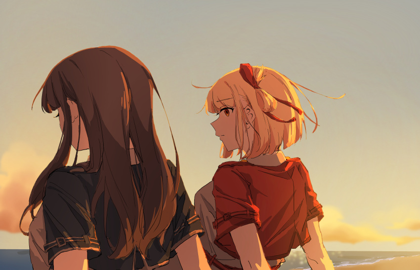 2girls absurdres beach black_hair blonde_hair blue_dress bob_cut breasts closed_mouth clouds collared_shirt commentary dress english_commentary fafayu from_behind grey_dress hair_ribbon highres horizon inoue_takina large_breasts long_hair looking_at_another lycoris_recoil lycoris_uniform medium_breasts multiple_girls nishikigi_chisato ocean one_side_up outdoors red_dress red_eyes red_ribbon ribbon shirt short_sleeves sidelocks sky sunset two-tone_dress upper_body white_shirt yuri