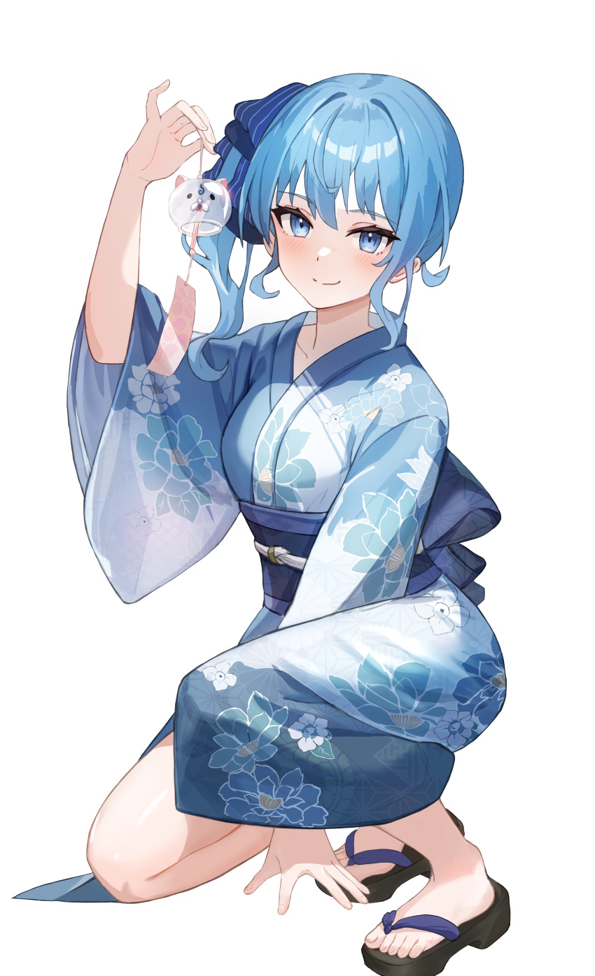 1girl absurdres blue_eyes blue_hair blue_kimono closed_mouth floral_print full_body high_side_ponytail highres holding hololive hoshimachi_suisei japanese_clothes kimono obi on_one_knee print_kimono sandals sash simple_background smile solo suis_(suis022511) toes virtual_youtuber white_background wide_sleeves wind_chime zouri