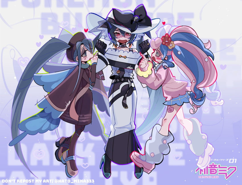 3girls 3mia_hadi3 black_choker black_gloves black_necktie blue_eyes blue_footwear blue_hair blue_skirt blue_wings blush bow brown_dress brown_headwear brown_pantyhose bug_miku_(project_voltage) butterfly_wings character_name choker clenched_hands colored_eyelashes commentary curly_hair dark_miku_(project_voltage) dress earrings english_commentary eyeshadow fairy_miku_(project_voltage) fake_wings fangs flower full_body gloves grey_eyeshadow hair_between_eyes hair_flower hair_ornament half-closed_eyes hands_up hat hat_bow hatsune_miku heart high_heels highres jewelry loafers logo long_hair long_sleeves looking_at_another looking_at_viewer loose_socks luxury_ball makeup miniskirt multicolored_hair multiple_girls nail_polish necktie nose_blush open_mouth pantyhose pink_eyes pink_footwear pink_hair pink_nails pink_sweater plaid plaid_skirt poke_ball pokemon project_voltage red_eyes red_flower scrunchie shoes sidelocks skirt socks standing sweater twintails two-tone_hair very_long_hair vocaloid white_dress white_headwear white_socks wings wrist_scrunchie yellow_flower yellow_scrunchie yuri