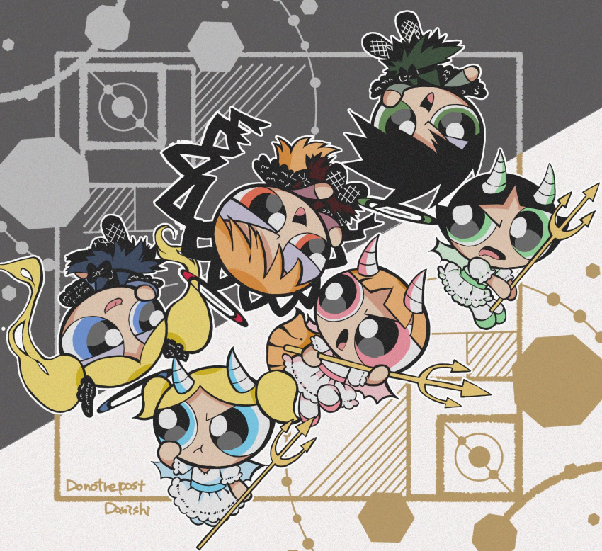 6+girls artist_name black_dress black_hair blonde_hair blossom_(ppg) blue_eyes bubbles_(ppg) buttercup_(ppg) commentary danishi demon_girl demon_horns demon_wings dress dual_persona eyeshadow gothic green_eyes half-closed_eye half-closed_eyes highres holding_trident horns makeup multiple_girls orange_hair pink_eyes ponytail pout powerpuff_girls rotational_symmetry short_hair signature symbol-only_commentary tongue tongue_out twintails white_dress wings