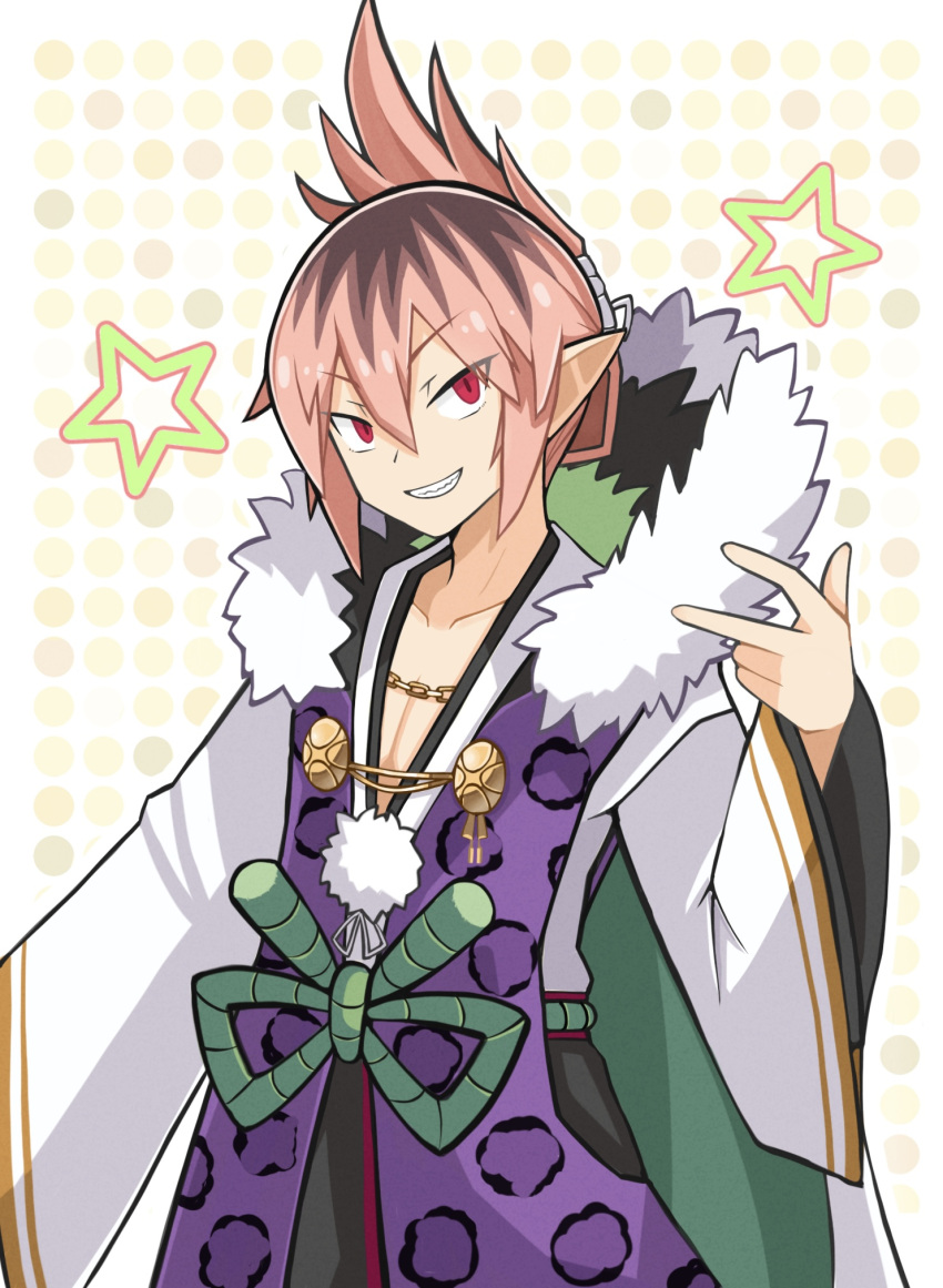 1boy bow brown_hair chain_necklace collarbone cowboy_shot disgaea folded_ponytail fur_trim green_bow grin highres jewelry looking_at_viewer makai_senki_disgaea_7 male_focus multicolored_hair necklace pointy_ears polka_dot polka_dot_background red_eyes smile solo star_(symbol) suaman waist_bow yellow_background yeyasu_(disgaea)