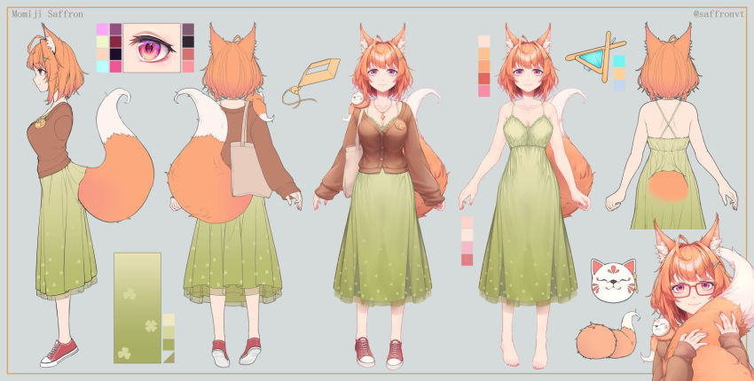1girl ahoge animal_ear_fluff animal_ears artist_request bag barefoot breasts brown_sweater clover_print collarbone color_guide dress fox_ears fox_girl fox_mask fox_tail green_dress hair_ornament highres hugging_own_tail hugging_tail indie_virtual_youtuber jewelry mask momiji_saffron multiple_views nail_polish necklace orange_hair paw_print pink_eyes pink_nails red_footwear reference_sheet sleeveless sleeveless_dress sweater tail toenail_polish toenails twitter_username