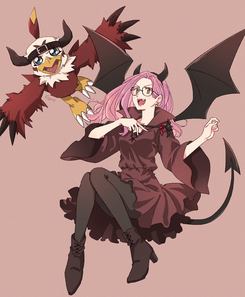 1girl 1other boots brown_background brown_dress brown_eyes brown_footwear brown_pantyhose demon_tail demon_wings digimon digimon_(creature) dress earrings gdn0522 glasses halloween halloween_costume hawkmon high_heel_boots high_heels highres holding holding_wand horns inoue_miyako jewelry long_hair open_mouth orange_eyes pantyhose pink_hair simple_background tail wand wings