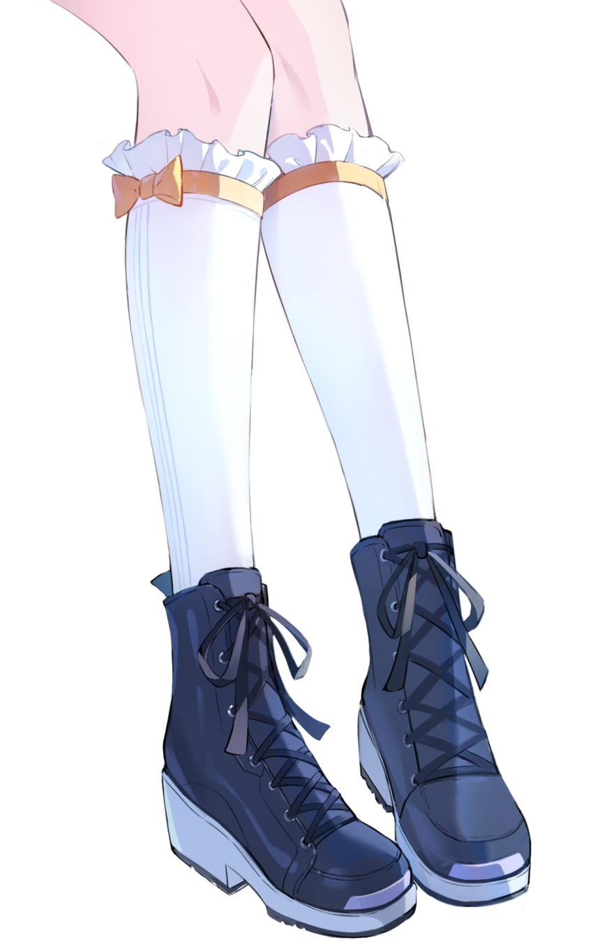 1girl atsuko_(blue_archive) bilibilida black_footwear blue_archive boots close-up cross-laced_footwear frilled_socks frills highres knees lower_body pigeon-toed ribbon ribbon-trimmed_socks simple_background socks solo white_background white_socks yellow_ribbon