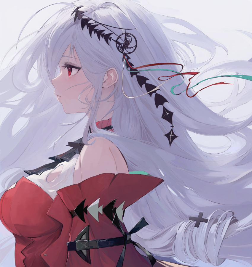 1girl absurdres ahoge aqa arknights arm_strap ascot black_ascot breasts closed_mouth commentary detached_sleeves dress expressionless eyelashes floating_hair from_side grey_background hair_ornament highres large_breasts lips long_hair profile red_dress red_eyes simple_background skadi_(arknights) skadi_the_corrupting_heart_(arknights) solo upper_body