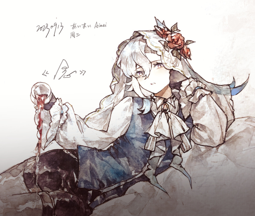 1boy aged_down ascot black_gloves black_shorts blue_vest cup flower genshin_impact gloves hair_flower hair_ornament highres holding holding_cup kodona lolita_fashion long_sleeves looking_at_viewer male_focus neuvillette_(genshin_impact) parted_lips pillow puffy_long_sleeves puffy_sleeves red_flower red_rose rose shirt shorts simple_background solo tea vest white_ascot white_background white_eyes white_shirt white_veil xuemen
