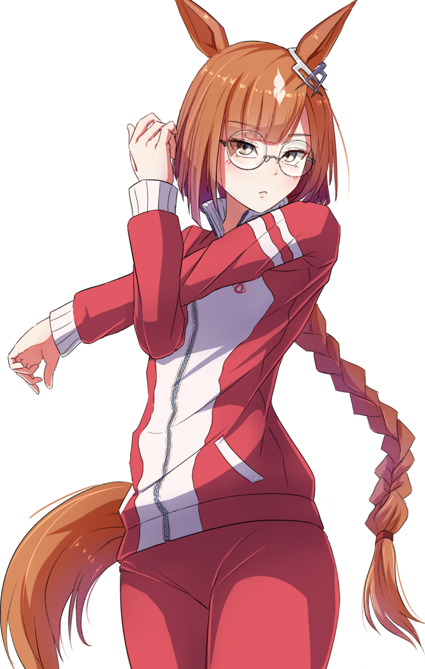 1girl animal_ears braid braided_ponytail brown_hair closed_mouth commentary_request cowboy_shot ear_ornament glasses highres horse_ears horse_girl horse_tail ikuno_dictus_(umamusume) jacket long_hair long_sleeves looking_at_viewer pants red_pants round_eyewear shimotsuki_aoi solo tail tracen_training_uniform track_jacket umamusume yellow_eyes