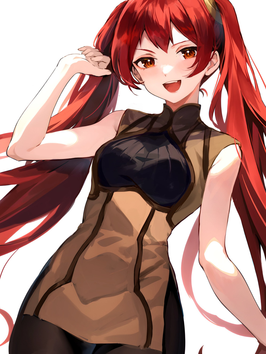 1girl absurdres bare_shoulders black_pantyhose brown_dress commentary dress fire_emblem fire_emblem_awakening highres jurge long_hair looking_at_viewer mixed-language_commentary open_mouth pantyhose red_eyes redhead severa_(fire_emblem) simple_background sleeveless sleeveless_dress smile solo teeth twintails upper_teeth_only very_long_hair white_background