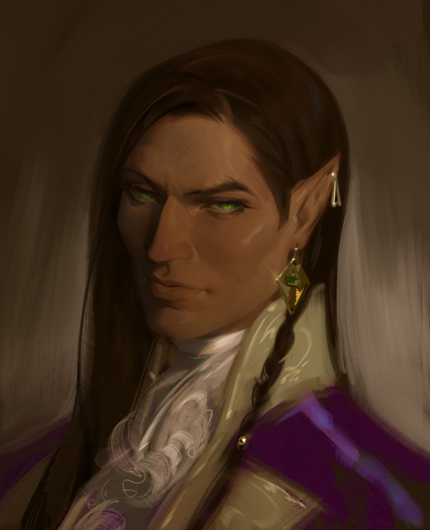 1boy brown_hair castlevania castlevania:_nocturne dark-skinned_male dark_skin earrings green_eyes high_collar highres jewelry kt_(kloysius) long_hair looking_at_viewer male_focus olrox pointy_ears portrait seductive_smile single_earring smile solo thick_lips