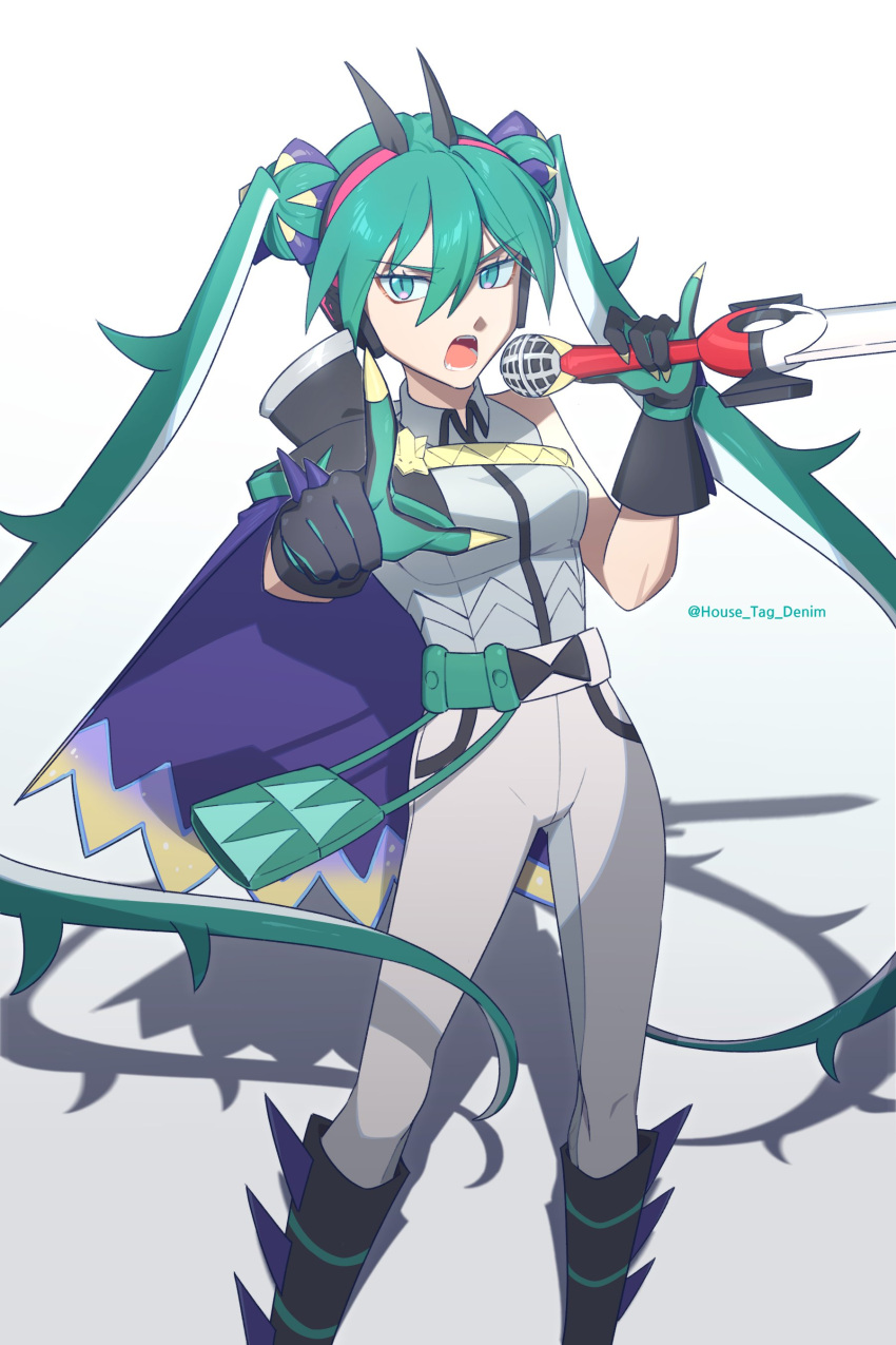 1girl absurdres bag boots breasts cape dragon_miku_(project_voltage) green_eyes grey_hair handbag hatsune_miku highres horns house_tag_denim medium_breasts microphone pointing poke_ball pokemon project_voltage twintails twitter_username vocaloid