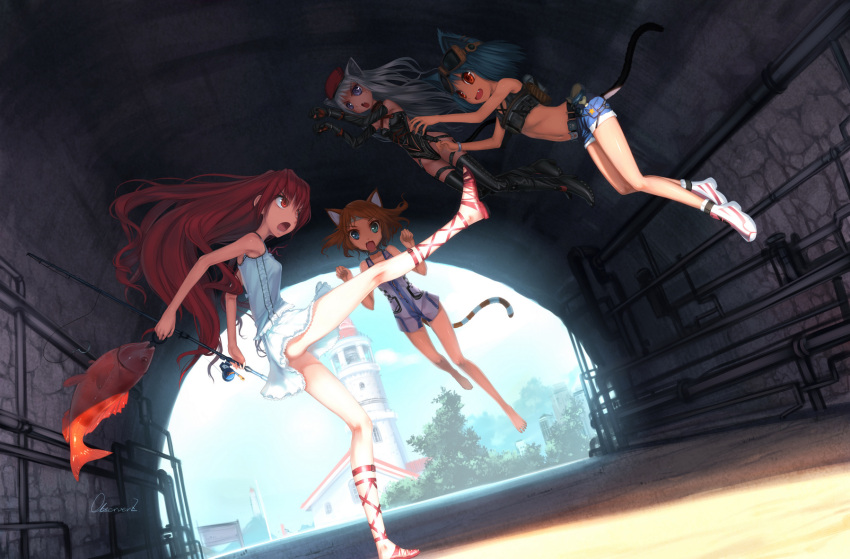 ambush animal_ears ankle_lace-up babycat barefoot battle blue_eyes blue_hair brown_hair cat_ears crop_top cross-laced_footwear denim denim_shorts fish fishing_rod highres jumping kicking legs long_hair midriff multiple_girls original red_eyes red_hair redhead short_hair short_shorts shorts silver_hair