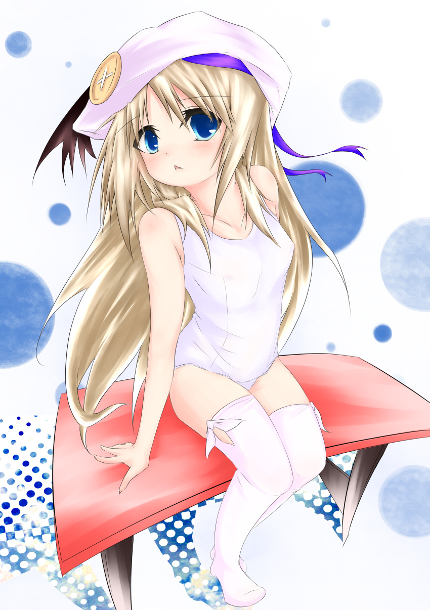 bench blonde_hair blue_eyes cape fisheye highres kai-ogre little_busters!! long_hair noumi_kudryavka one-piece_swimsuit perspective school_swimsuit swimsuit thigh-highs thighhighs white_school_swimsuit