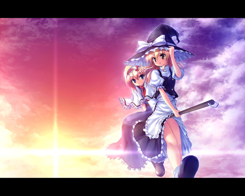 alice_margatroid broom broom_riding highres kirisame_marisa multiple_girls poni sunset takeponi touhou