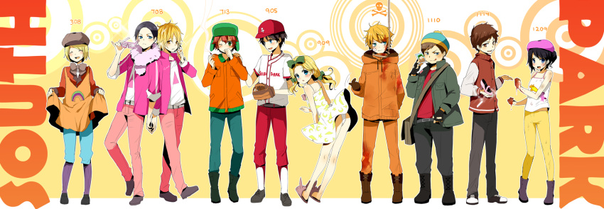 :q ^_^ alternate_costume angry apron bag baseball_cap baseball_mitt baseball_uniform beanie belt beret black_hair blonde_hair blood blue_eyes blush boots bow brown_eyes brown_hair butters_stotch cabbie_hat camisole cigarette clenched_hands closed_eyes clyde_donovan coat craig_tucker crossdressinging dress dress_lift eric_cartman fingerless_gloves gloves green_eyes hair_bow hand_on_shoulder hanged hat highres injury jacket kenny_mccormick kurot kyle_broflovski marjorine multiple_boys open_mouth pants pantyhose phillip_pirrup photo_(object) ponytail rainbow red_hair shoes short_hair shoulder_bag slippers smile smoking south_park sparkle sportswear stan_marsh tongue trap tweek_tweak twintails wendy_testaburger wince yellow_eyes yellow_legwear