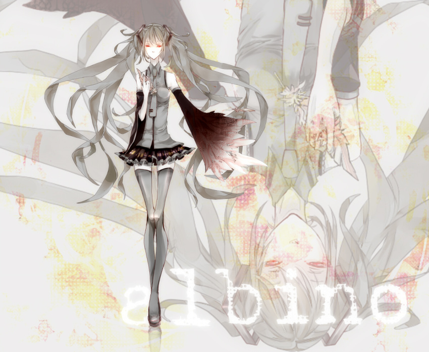 albino_(vocaloid) alternate_hair_color bad_id boots detached_sleeves feathers glowing glowing_eyes grey grey_hair harpy hatsune_miku highres kadan legs long_hair long_legs necktie red_eyes skirt solo thigh-highs thigh_boots thighhighs twintails very_long_hair vocaloid wings zoom_layer