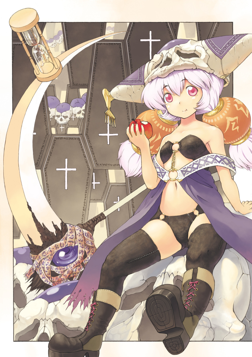 bare_shoulders boots coffin food fruit hat highres hourglass kanini long_hair midriff navel original pink_eyes pink_hair pixiv_festa skull solo staff thigh-highs thighhighs twintails