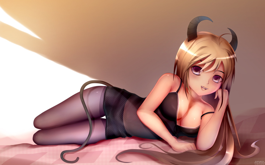 blonde_hair breasts cleavage dxlsmax_(lizhimin) highres horns long_hair lying on_side open_mouth original pantyhose purple_eyes smile solo tail thigh_gap violet_eyes