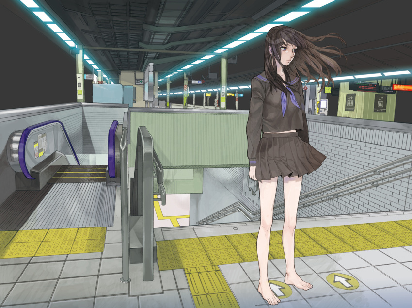 black_hair black_skirt blue_eyes escalator feet legs long_hair looking_away original school_uniform serafuku sign skirt solo stairs standing subway takase_(harakiri) tks wind