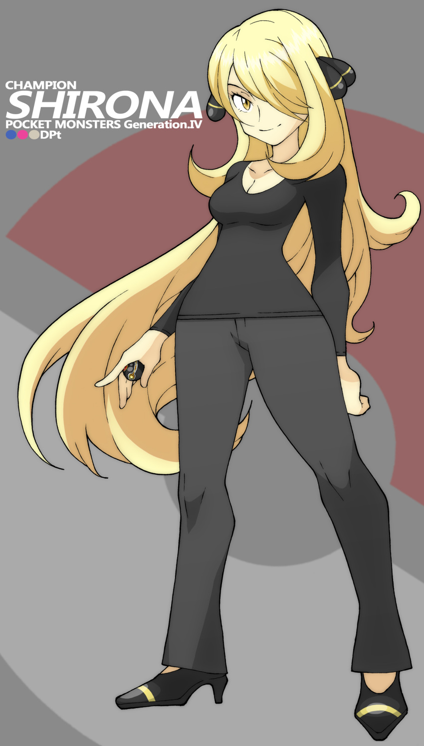 alternate_costume bad_id blonde_hair character_class character_name english hair_ornament hair_over_one_eye highres holding holding_poke_ball long_hair poke_ball pokemon pokemon_(game) pokemon_dppt shirona_(pokemon) smile solo souji title_drop yellow_eyes
