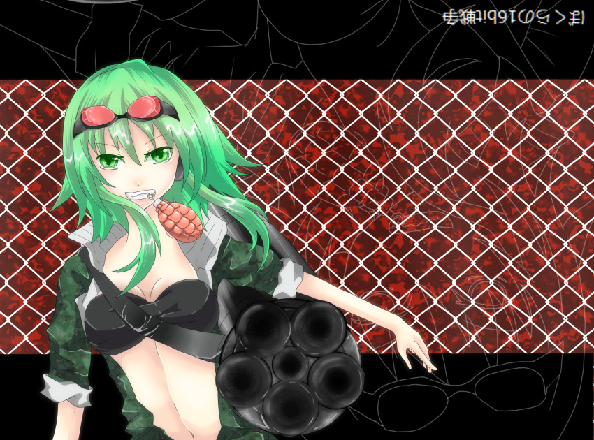 black-world bokura_no_16bit_warz_(vocaloid) breasts camouflage cleavage explosive fang gatling_gun goggles goggles_on_head green_eyes green_hair grenade grin gumi gun highres huge_weapon midriff mouth_hold navel open_clothes open_shirt shirt short_hair sleeves_rolled_up smile solo vocaloid weapon