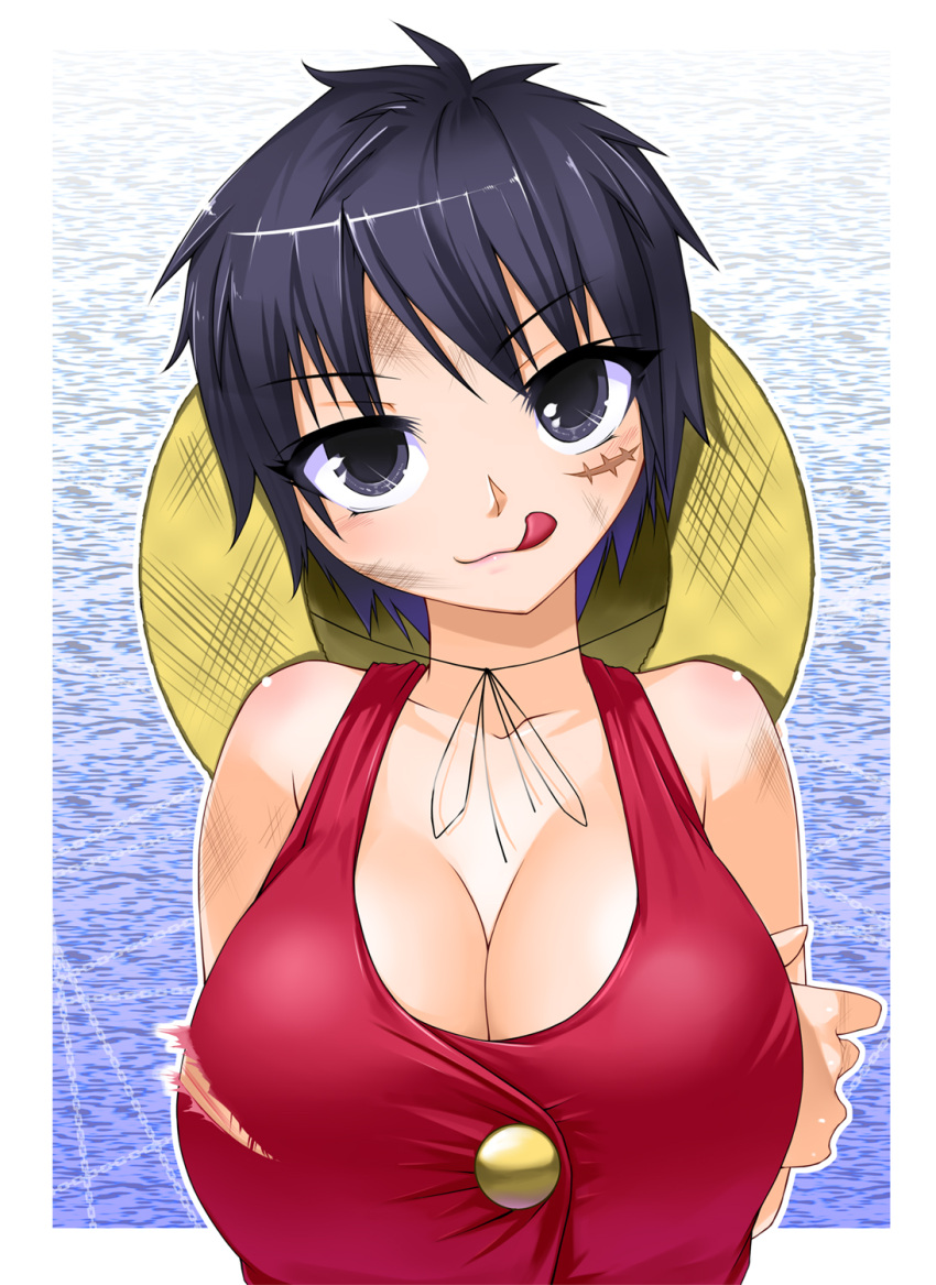 :q arms_behind_back black_eyes black_hair breasts cleavage genderswap hat highres large_breasts monkey_d_luffy one_piece scar short_hair solo straw_hat takeoutservice tongue torn_clothes