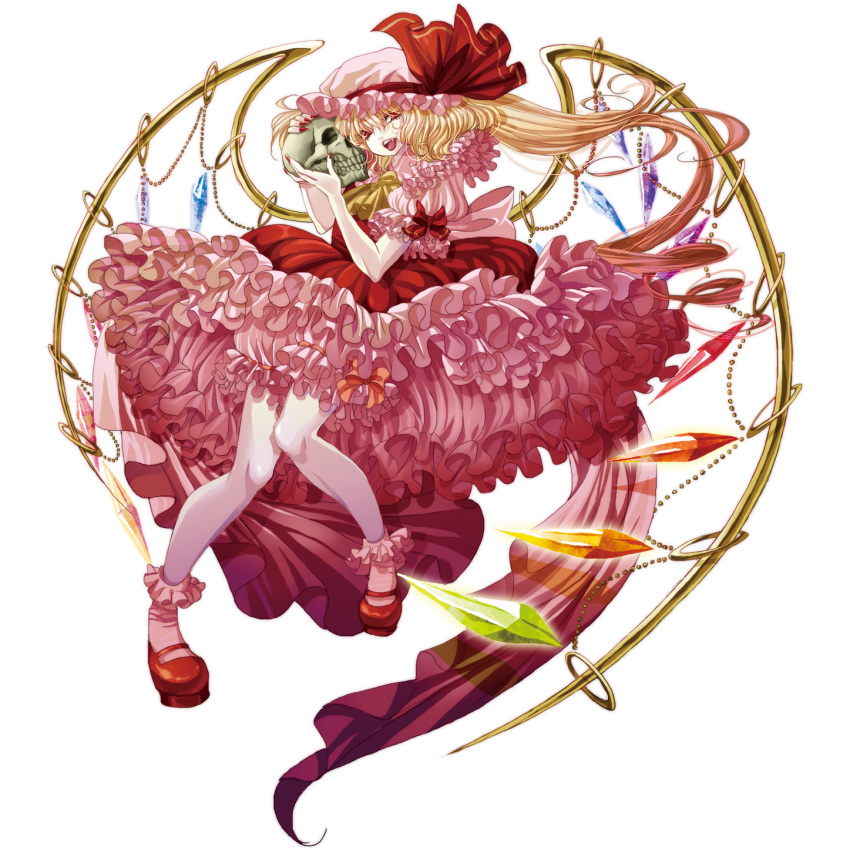 alternate_wings blonde_hair dress fang fingernails flandre_scarlet frills gathers hat hat_ribbon highres knees legs long_fingernails long_hair long_nails mary_janes nails open_mouth red_dress ribbon rinko_(artist) rinko_(mg54) shoes short_sleeves side_ponytail skull socks solo touhou transparent_background very_long_hair wings