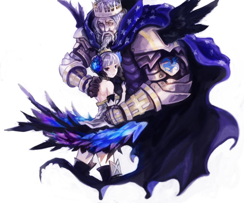 armor armored_dress bare_shoulders beard boots cape choker crown dress elbow_gloves facial_hair father_and_daughter flower gauntlets gloves gwendolyn hair_flower hair_ornament hat highres hug jewelry nd odin odin_sphere purple_eyes red_eyes short_hair silver_hair size_difference thigh-highs thigh_boots thighhighs violet_eyes wings