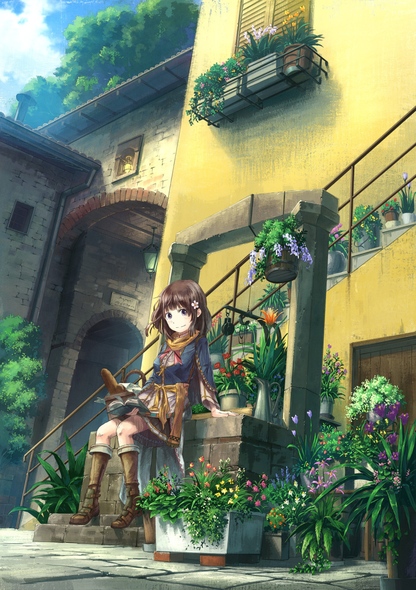 book boots bread brown_hair bsan building flower food hair_flower hair_ornament highres original plant potted_plant sash scarf scenery short_hair sitting solo stairs tree