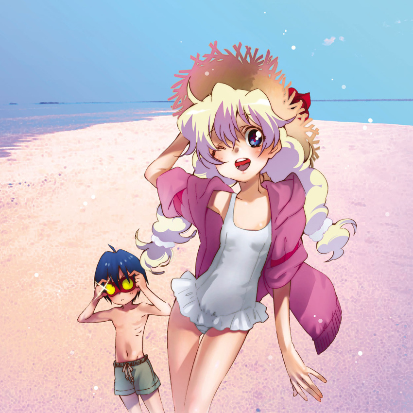 blush casual_one-piece_swimsuit frilled_swimsuit frills goggles hand_on_hat hat highres hoodie jacket multicolored_hair nia_teppelin ocean one-piece_swimsuit simon sleeves_rolled_up smile straw_hat swim_trunks swimsuit tengen_toppa_gurren_lagann twintails wink yukimitsuki