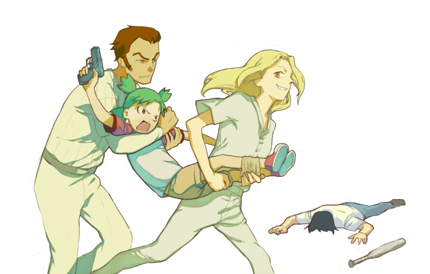 angry baccano! baseball_bat baseball_uniform crossover isaac_dian kidnapping koiwai_yotsuba miria_harvent mr_koiwai running shroedinger simple_background sportswear tied_up toy_gun unconscious yotsubato!