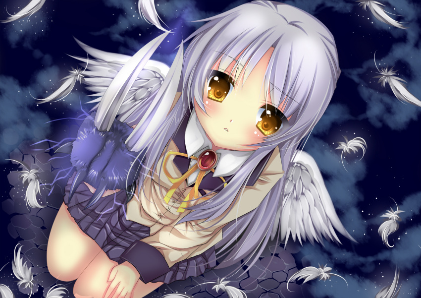 duji_amo feathers highres kneeling long_hair looking_up silver_hair skirt solo tachibana_kanade wings yellow_eyes