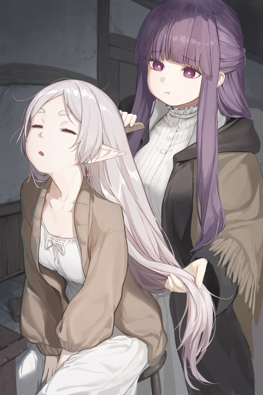 2girls :t absurdres arms_between_legs breasts bright_pupils brushing_another's_hair brushing_hair closed_eyes collarbone commentary_request dress earrings elf fern_(sousou_no_frieren) frieren grey_hair hair_brush half_updo highres holding holding_another's_hair holding_hair_brush indoors jewelry large_breasts long_hair looking_at_another marse_(rokudaime) multiple_girls parted_bangs poi pointy_ears purple_hair sidelocks sitting small_breasts sousou_no_frieren very_long_hair violet_eyes white_dress