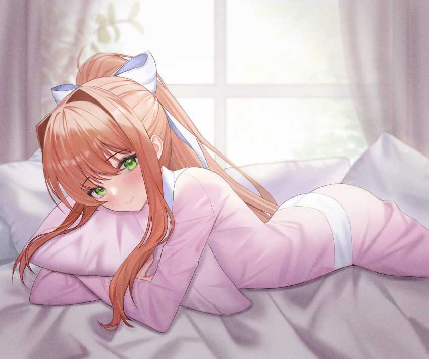 1girl blush bow brown_hair closed_mouth curtains doki_doki_literature_club english_commentary green_eyes hair_bow highres hugging_object indoors long_hair long_sleeves looking_at_viewer lying monika_(doki_doki_literature_club) on_stomach pajamas pants pillow pillow_hug pink_curtains pink_pajamas pink_pants pink_shirt ponytail ribbon shirt smile solo white_bow white_ribbon window yami_(rear4742)