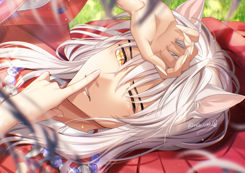 1boy absurdres animal_ears bead_necklace beads blurry day depth_of_field dog_boy dog_ears female_pov finger_to_another's_mouth fingernails grass hakama highres higurashi_kagome index_finger_raised inuyasha inuyasha_(character) japanese_clothes jewelry long_fingernails long_hair long_sleeves looking_at_viewer looking_up motobi_(mtb_umk) necklace on_ground one_eye_closed portrait pov pov_hands red_hakama ribbon-trimmed_sleeves ribbon_trim sharp_fingernails slit_pupils smile solo_focus sparkle tooth_necklace white_nails yellow_eyes