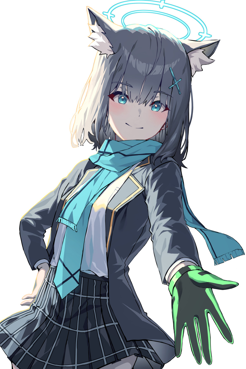 1girl absurdres animal_ear_fluff black_jacket black_skirt blue_archive blue_eyes blush breasts closed_mouth cross_hair_ornament extra_ears fuyoko gloves green_gloves grey_hair hair_ornament halo hand_on_own_hip highres jacket looking_at_viewer medium_hair open_clothes open_jacket outstretched_arm reaching reaching_towards_viewer scarf shiroko_(blue_archive) shirt shirt_tucked_in single_glove skirt small_breasts smile solo upper_body white_shirt