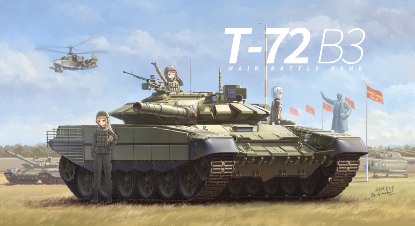 3girls absurdres aircraft blue_sky chinese_commentary clouds combat_helmet commentary_request day english_commentary flag helicopter helmet highres military military_vehicle mixed-language_commentary motor_vehicle multiple_girls original outdoors sky soldier soviet spacebar_hobby t-72 tank vehicle_focus vladimir_lenin