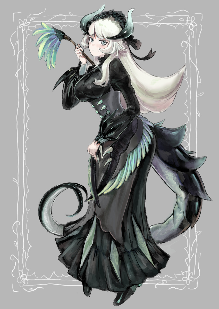 1girl absurdres black_dress black_hairband black_horns black_tail blue_eyes blue_horns blue_tail breasts chamber_dragonmaid closed_mouth dragon_girl dragon_horns dragon_tail dragon_wings dress duel_monster duster feather_duster flipped_hair forked_tail frown furrowed_brow gradient_horns grey_background hairband hand_up highres holding holding_duster horns juliet_sleeves lolita_hairband long_hair long_sleeves low_wings medium_breasts multicolored_horns multicolored_tail nataro_1116 puffy_sleeves solo tail two-tone_horns underbust white_hair white_tail wings yu-gi-oh!