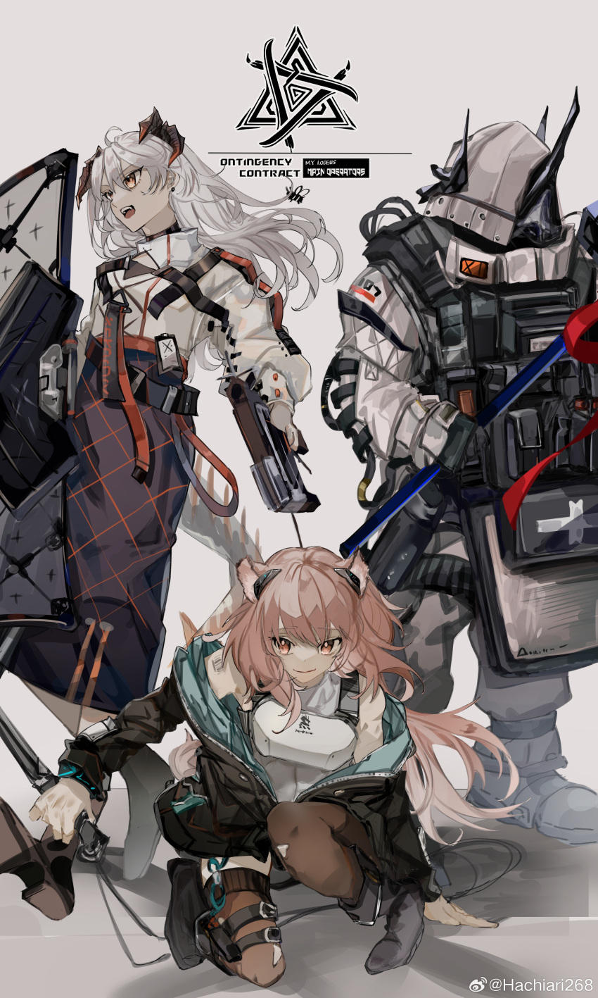 3girls a_chxoblc absurdres ahoge animal_ears arknights bare_shoulders black_jacket black_skirt breasts brown_thighhighs chinese_commentary commentary_request dagger demon_girl demon_horns demon_tail full_body gravel_(arknights) grey_background grey_hair gun hammer high-waist_skirt highres holding holding_dagger holding_gun holding_hammer holding_knife holding_shield holding_weapon horns infection_monitor_(arknights) jacket jumpsuit kneeling knife long_hair looking_at_viewer looking_to_the_side medium_breasts mixed-language_commentary mudrock_(arknights) multiple_girls open_clothes open_jacket open_mouth orange_eyes pink_hair prairie_dog_ears prairie_dog_girl saria_(arknights) shadow shield shirt shouting simple_background skirt smile tail teeth thigh-highs thigh_strap upper_teeth_only weapon weibo_username white_jumpsuit white_shirt