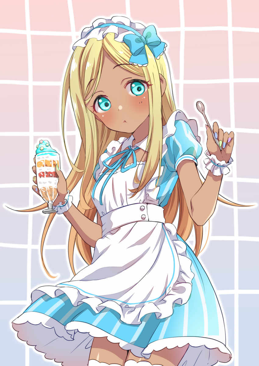 1girl apron aqua_eyes blonde_hair blue_dress blue_ribbon blush bow breasts closed_mouth collar cowboy_shot cup dark-skinned_female dark_skin detached_collar dress eating frilled_apron frilled_dress frills gradient_background grid_background hair_bow hair_ribbon hands_up highres holding holding_cup holding_spoon idolmaster idolmaster_cinderella_girls idolmaster_cinderella_girls_starlight_stage layla_(idolmaster) long_hair looking_at_viewer multicolored_nails nail_polish neck_ribbon parfait puffy_short_sleeves puffy_sleeves ribbon scrunchie short_sleeves small_breasts solo spoon standing striped striped_dress thigh-highs tottoto_tomekichi two-tone_background white_apron white_collar white_headdress white_scrunchie white_thighhighs wrist_scrunchie