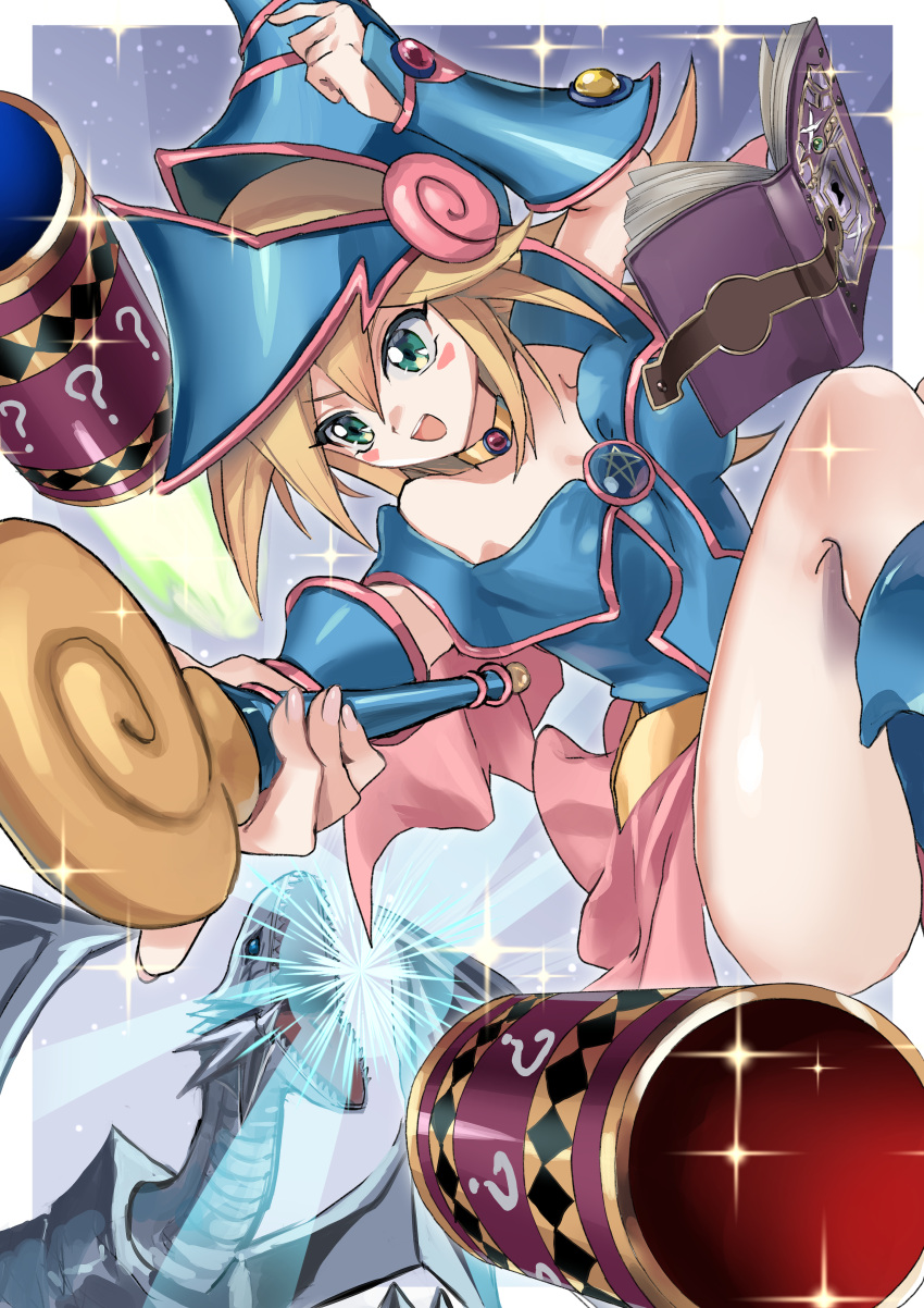 1girl absurdres bare_shoulders blonde_hair blue-eyes_white_dragon blue_eyes blue_footwear blue_headwear blush blush_stickers book boots breasts choker dark_magician_girl dragon duel_monster green_eyes hat hexagram highres holding holding_wand large_breasts long_hair magic_cylinder nataro_1116 open_mouth pentacle pentagram smile staff wand wizard_hat yu-gi-oh! yu-gi-oh!_duel_monsters